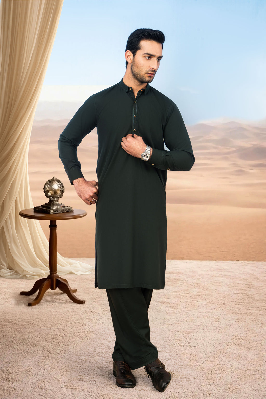 Elegant Short Collar Kameez Shalwar with Subtle Detailing -  Bottle Green