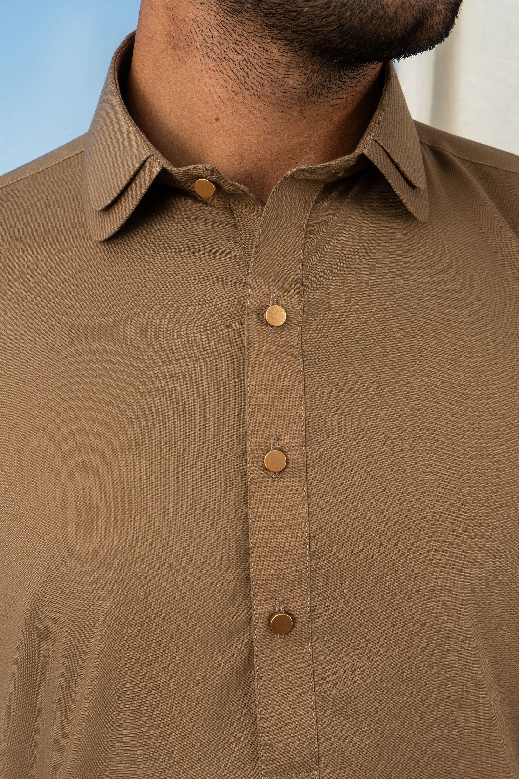 Stitched Classic Kurta Shalwar With Button Placket Detail for Men - Brown