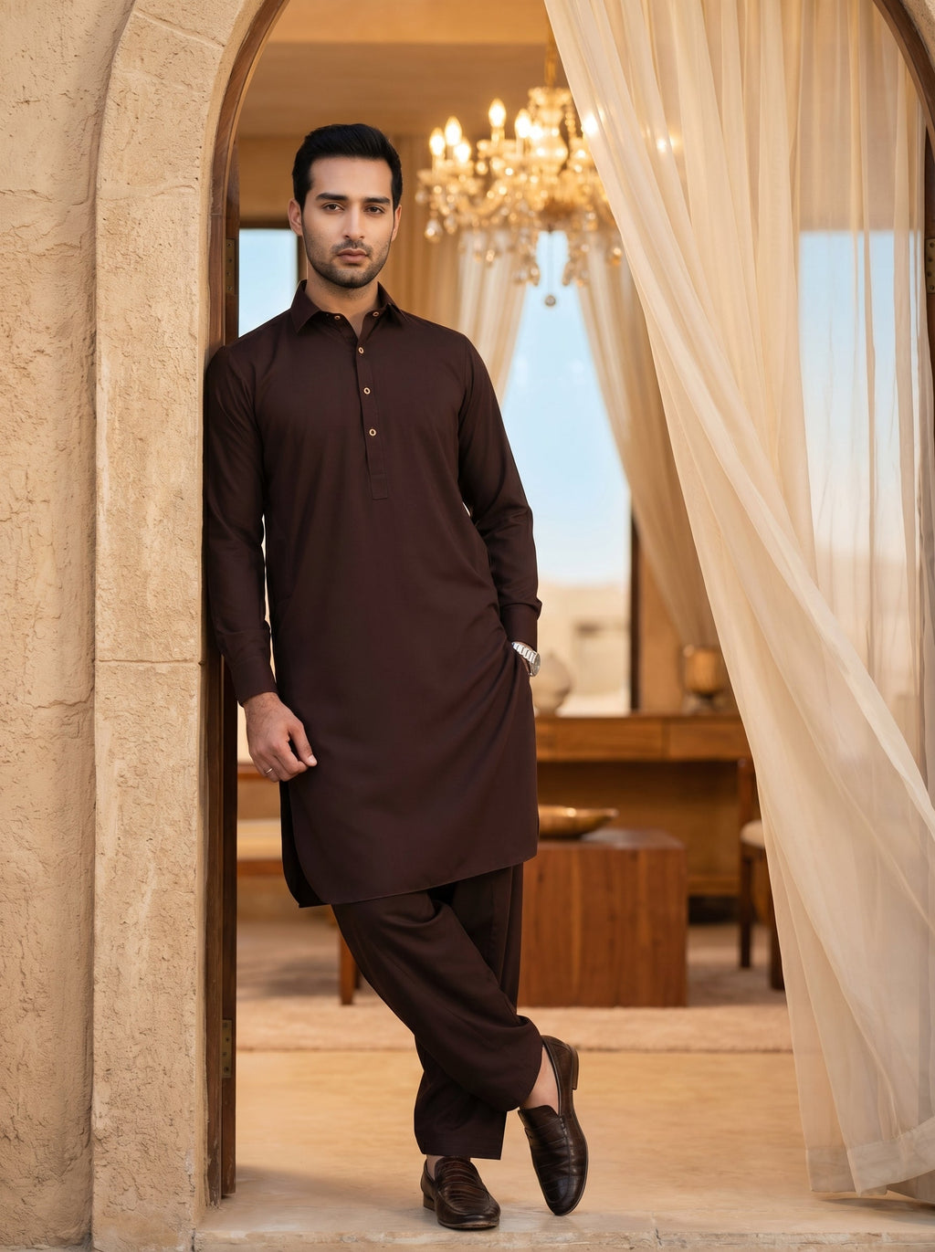 Classic Kameez Shalwar with Elegant Detailing - Chocolate Brown