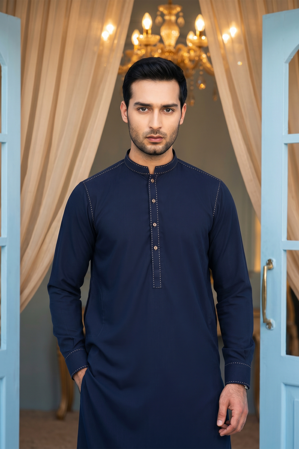 Stylish Kurta Shalwar with Thread Detailing - Navy Blue