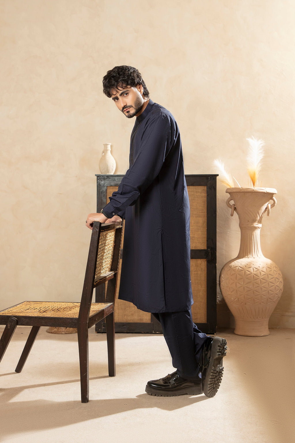 Classic Kurta Trouser with Embroidered Panel - Navy Blue