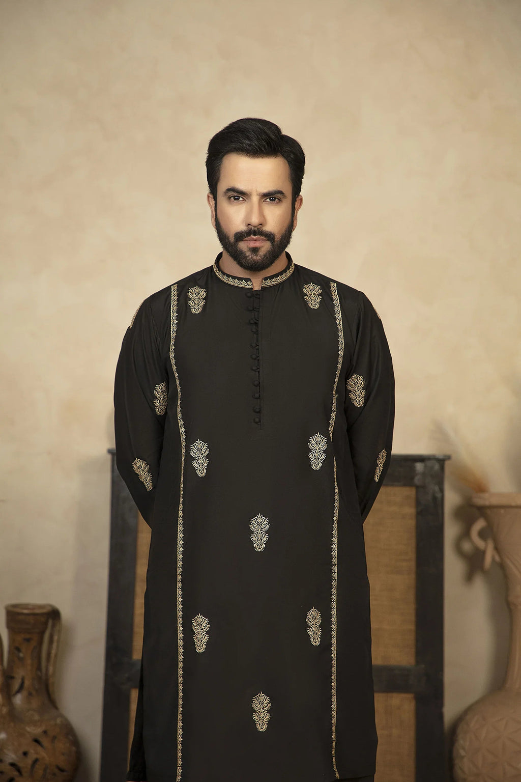 Premium Embroidered Kurta Trouser With Golden Thread Detailing - Black
