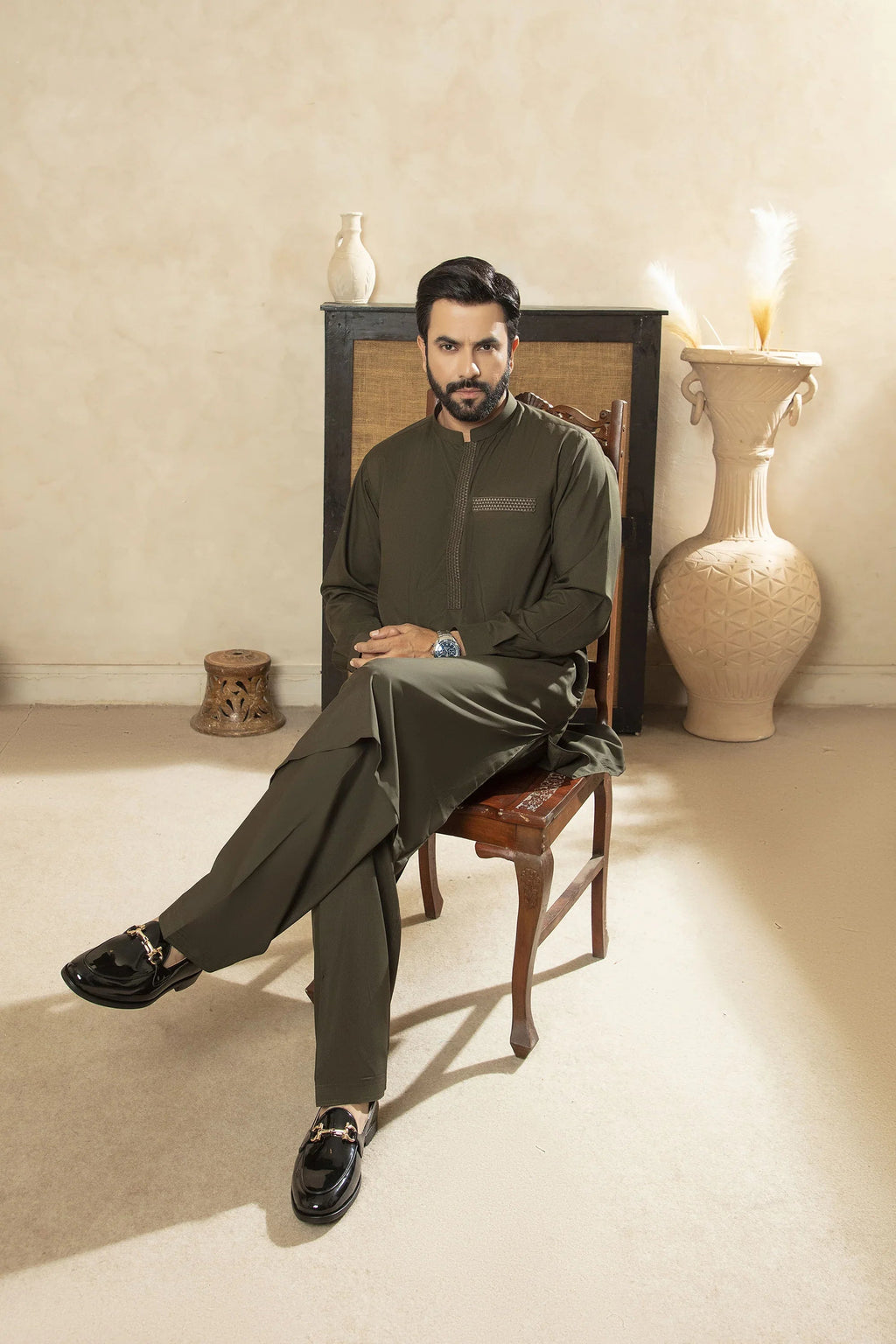 Premium Kameez Shalwar With Embroidered Placket & Pocket - Olive Green