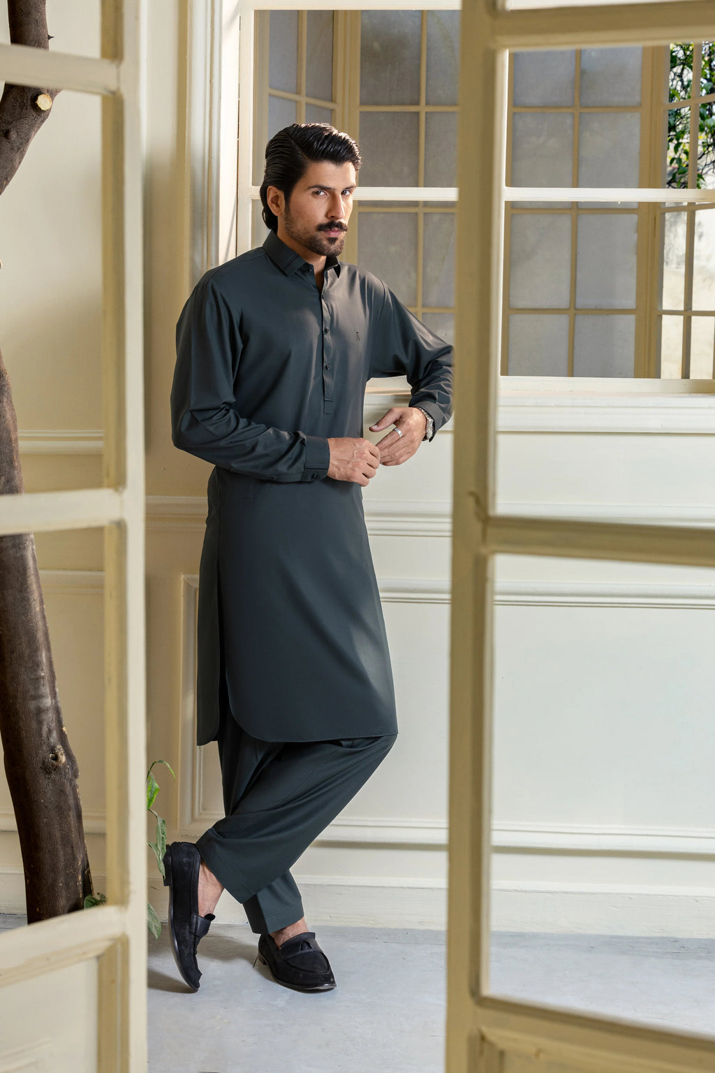Stitched Collar Kameez Shalwar for Men - Charcoal Grey