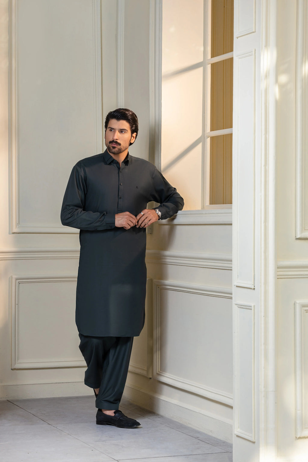 Stitched Collar Kameez Shalwar for Men - Charcoal Grey
