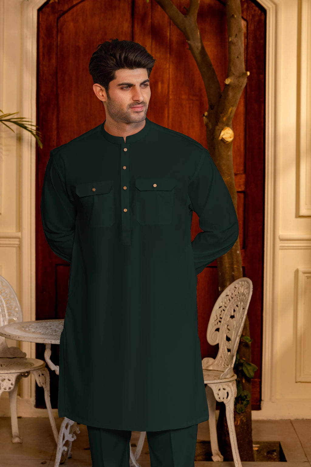 Stitched Double Pocket Boski Kurta Trouser With Contrast Metal Buttons for Men - Off White | Black | Bottle Green