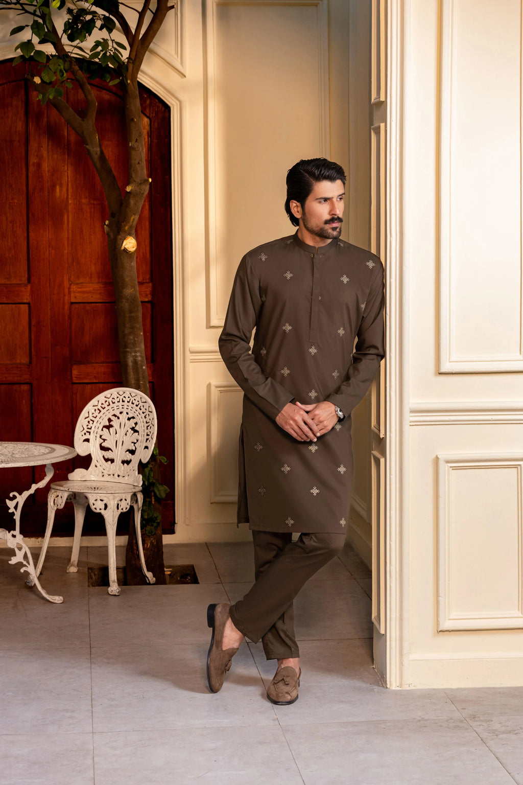 Stitched Embroidered Kurta With Matching Trousers for Men - Olive Green