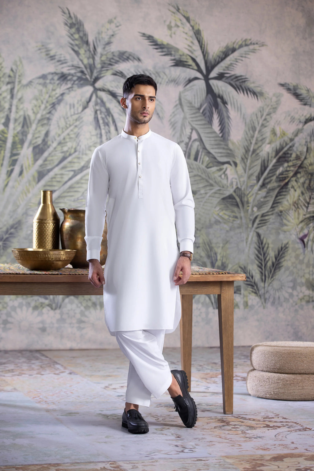 Stitched Full Ban Kurta Shalwar With Contrast Metal Buttons for Men - Off White