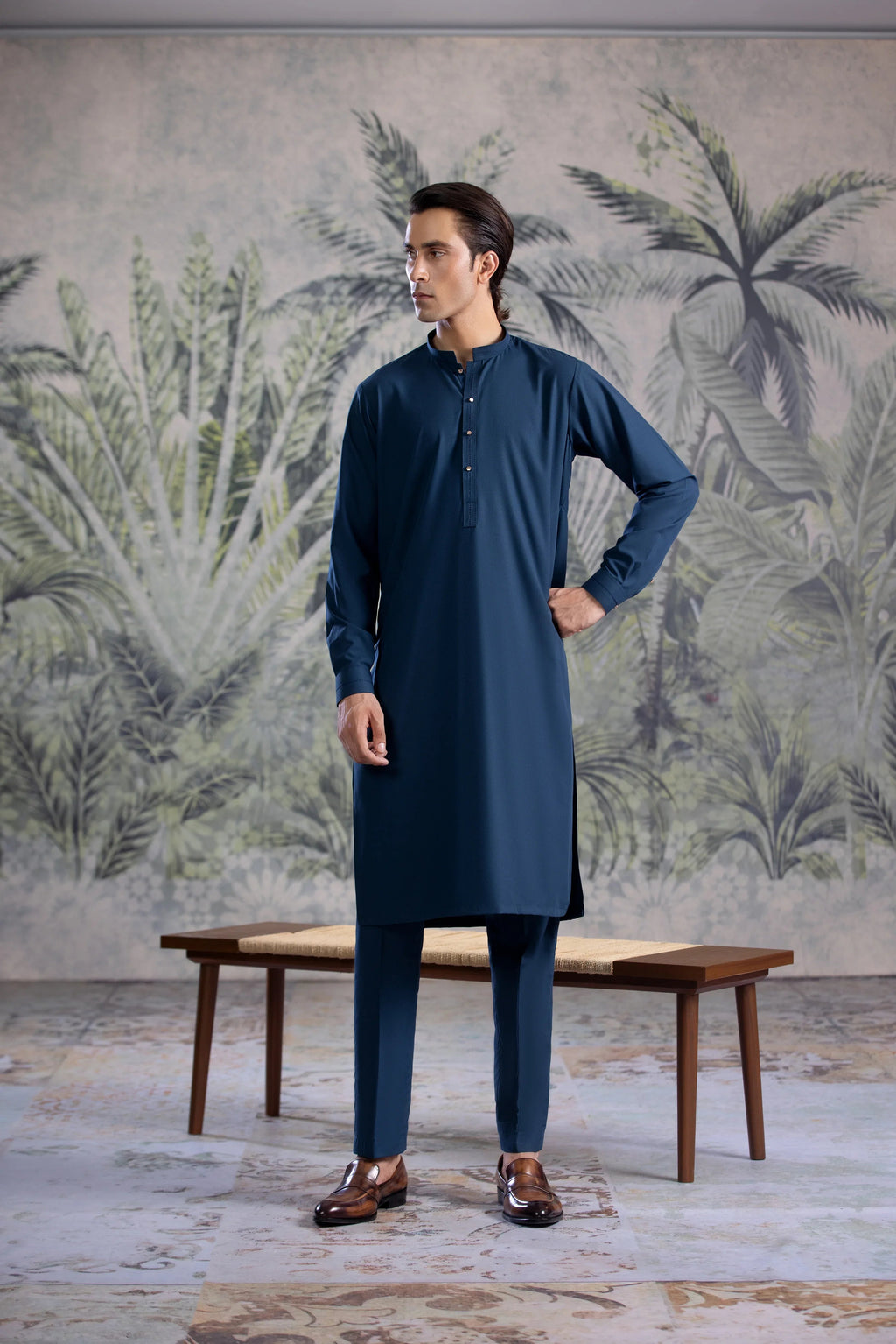 Stitched Kurta Trouser With Golden Metal Buttons & Thread Details for Men - Teal Blue